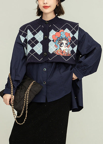 Blue Stand Collar Print Cotton Shirt and Waistcoat Two Piece Set Spring Ly0794
