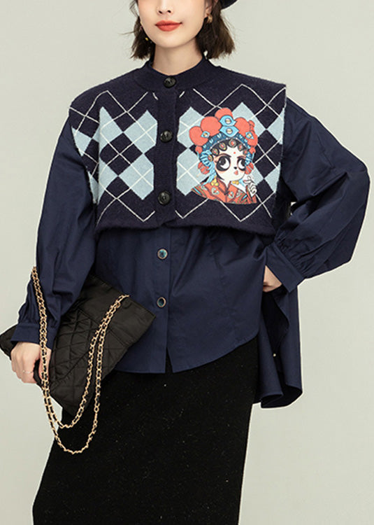 Blue Stand Collar Print Cotton Shirt and Waistcoat Two Piece Set Spring Ly0794