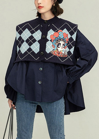 Blue Stand Collar Print Cotton Shirt and Waistcoat Two Piece Set Spring Ly0794