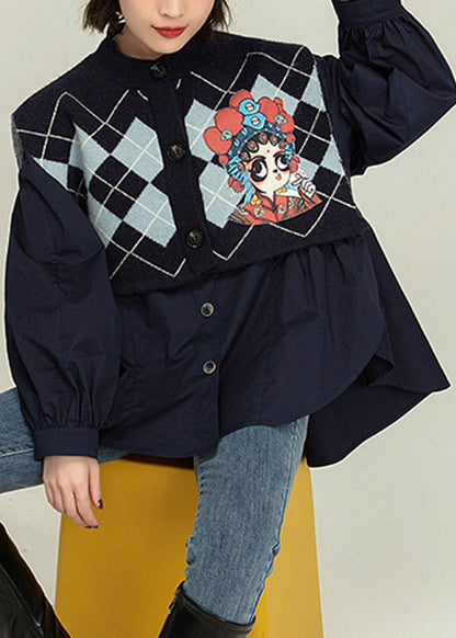 Blue Stand Collar Print Cotton Shirt and Waistcoat Two Piece Set Spring Ly0794