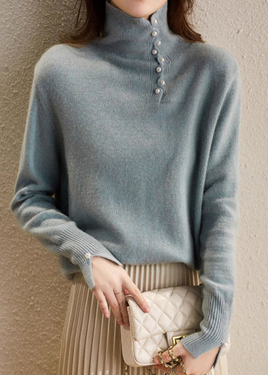 Blue Turtleneck Pearl Patchwork Cozy Cotton Knit Sweater Spring To033