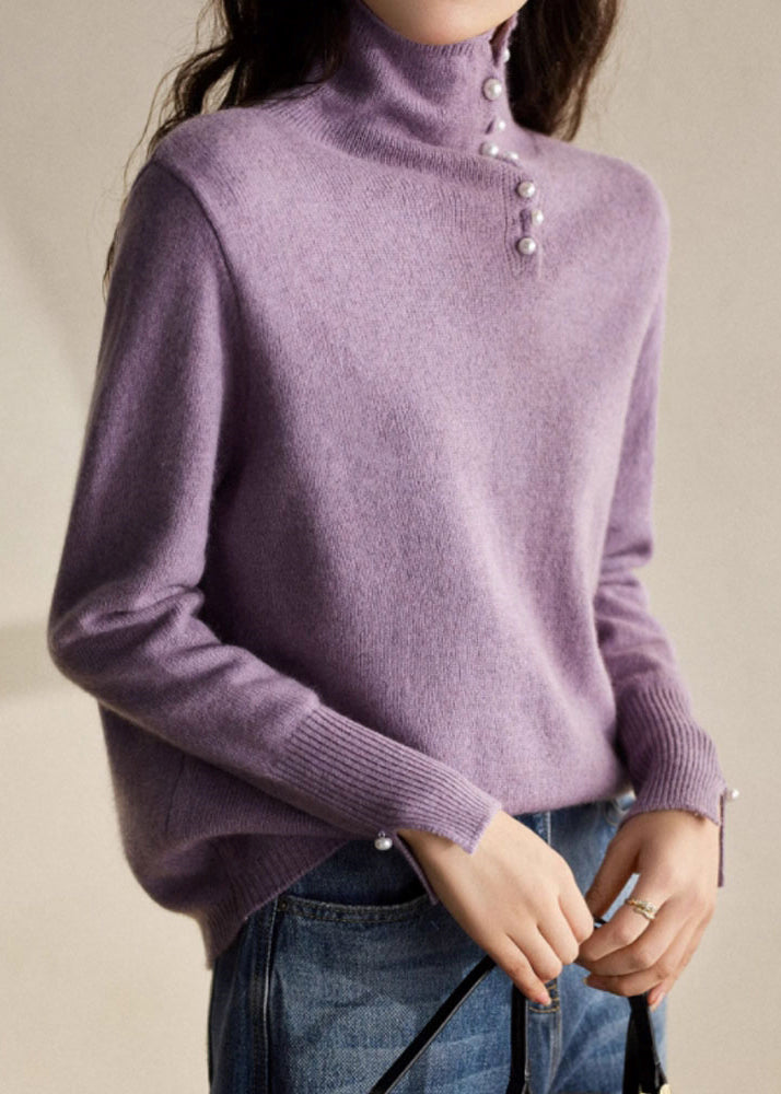 Blue Turtleneck Pearl Patchwork Cozy Cotton Knit Sweater Spring To033