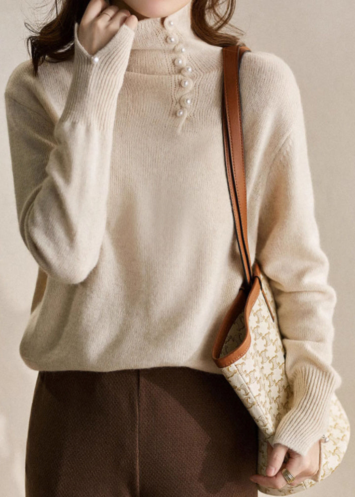 Blue Turtleneck Pearl Patchwork Cozy Cotton Knit Sweater Spring To033