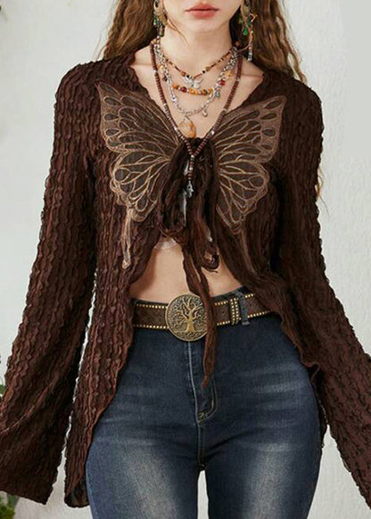 Up Cotton Patchwork Lace Cardigan Brown Knitting Butterfly