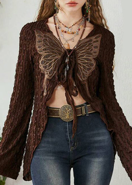 Up Cotton Patchwork Lace Cardigan Brown Knitting Butterfly
