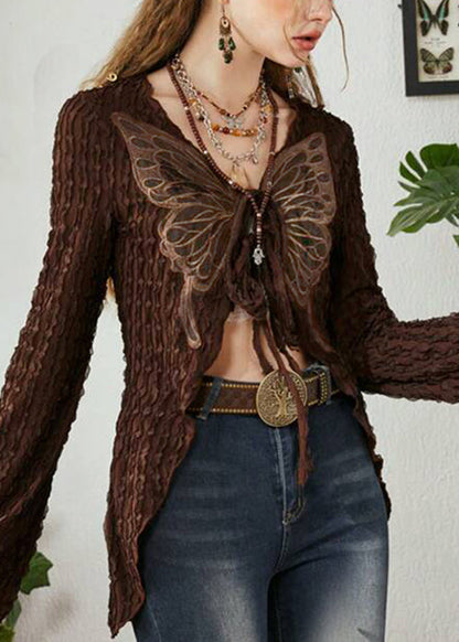Up Cotton Patchwork Lace Cardigan Brown Knitting Butterfly