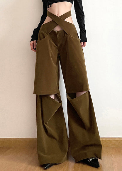 Brown Hollow Out Pockets Cotton Wide Leg Pants Fall Aw1008