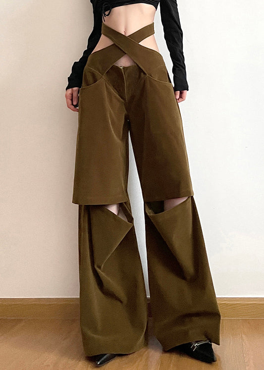Brown Hollow Out Pockets Cotton Wide Leg Pants Fall Aw1008