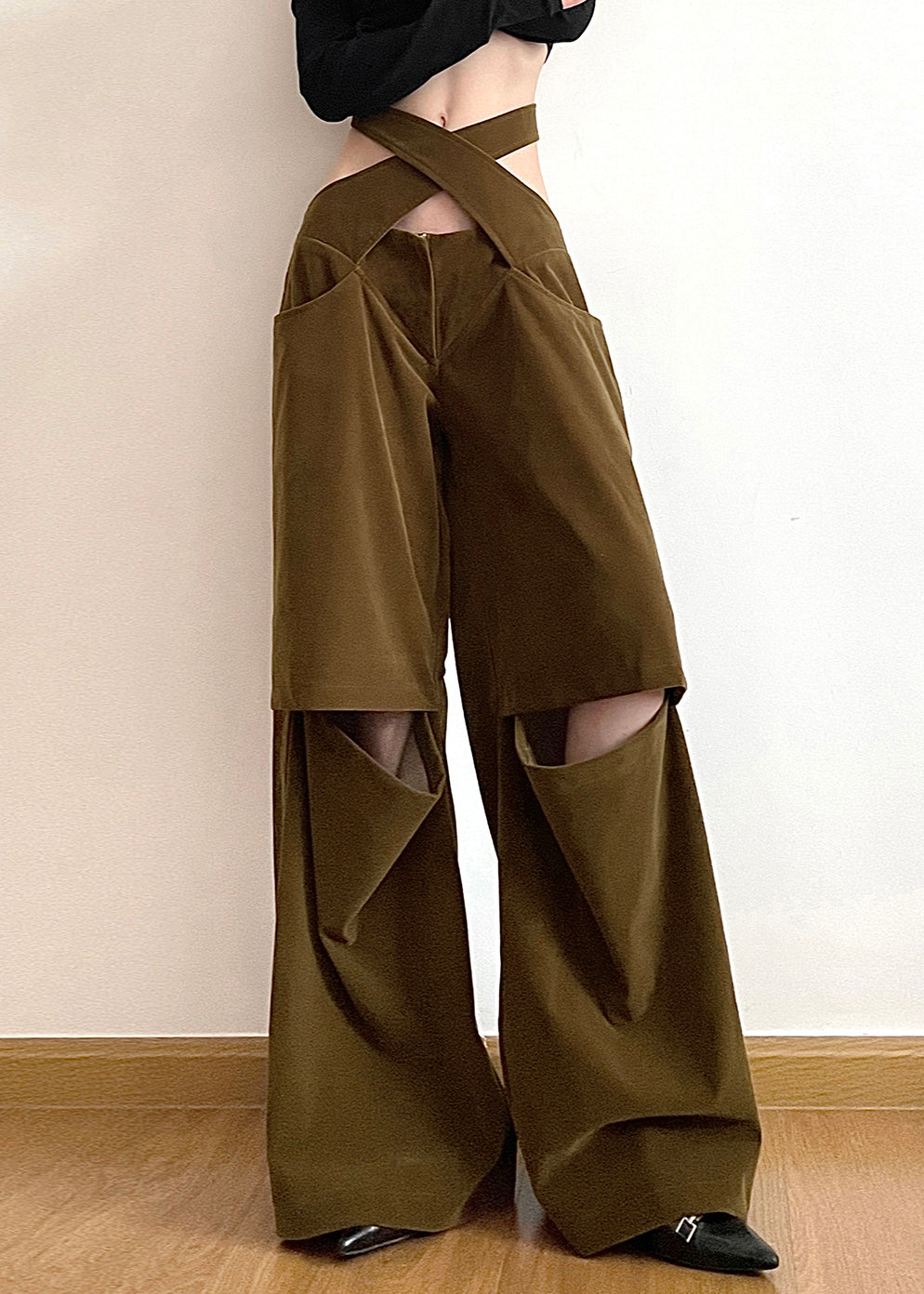 Brown Hollow Out Pockets Cotton Wide Leg Pants Fall Aw1008