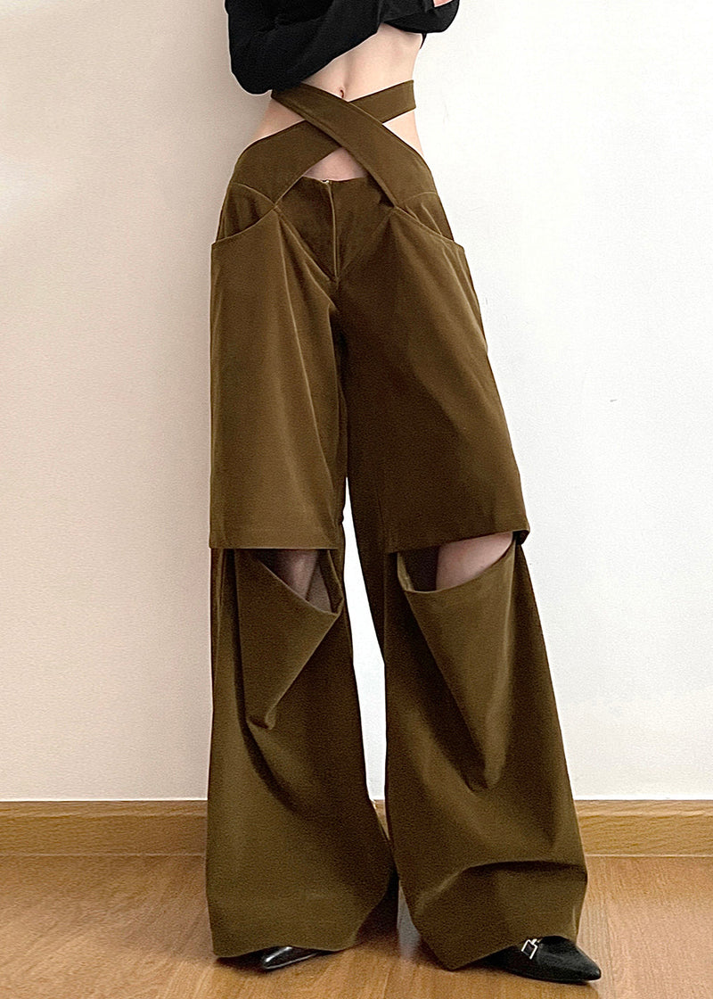 Brown Hollow Out Pockets Cotton Wide Leg Pants Fall Aw1008