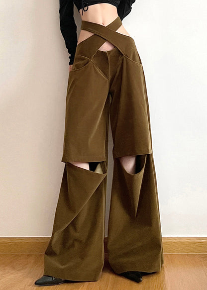 Brown Hollow Out Pockets Cotton Wide Leg Pants Fall Aw1008