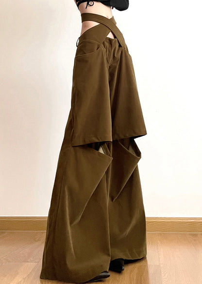 Brown Hollow Out Pockets Cotton Wide Leg Pants Fall Aw1008