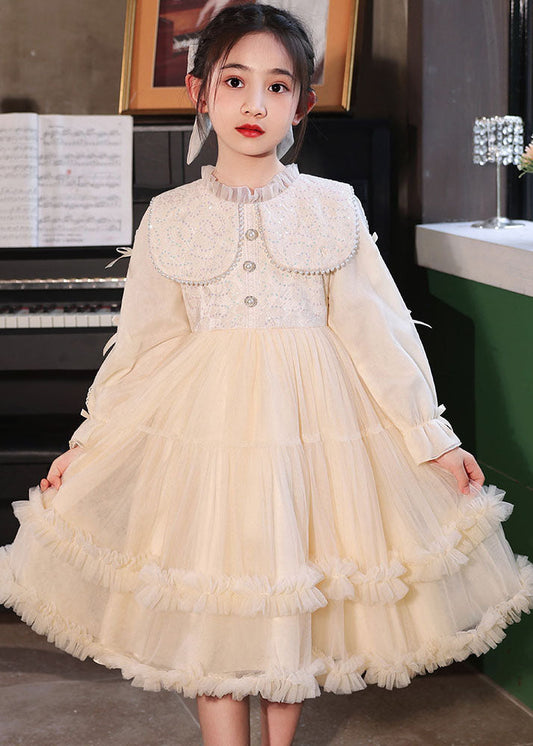 Champagne Ruffled Patchwork Button Tulle Maxi Dress Long Sleeve Qv021