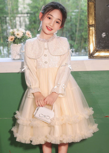 Champagne Ruffled Patchwork Button Tulle Maxi Dress Long Sleeve Qv021