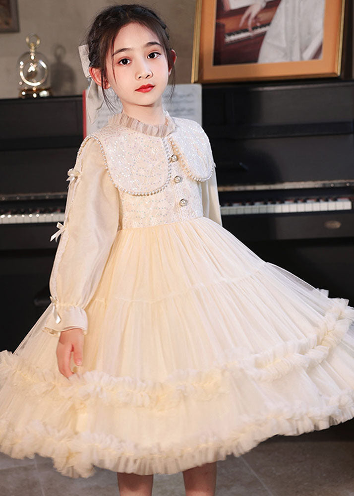 Champagne Ruffled Patchwork Button Tulle Maxi Dress Long Sleeve Qv021