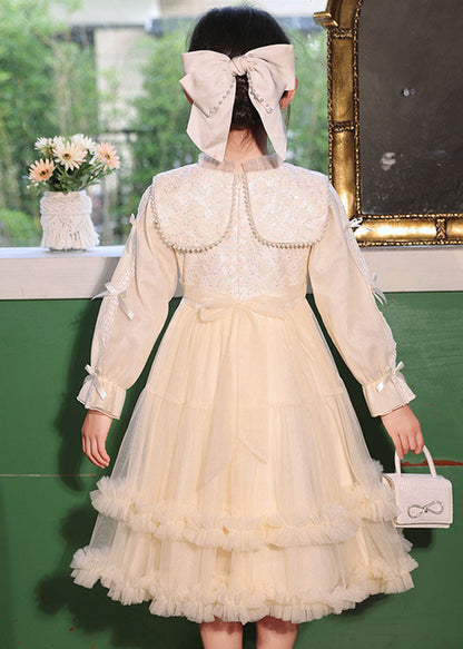 Champagne Ruffled Patchwork Button Tulle Maxi Dress Long Sleeve Qv021