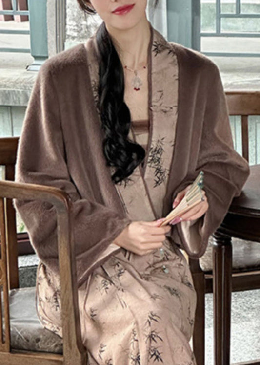 Coffee V Neck Print Patchwork Leather and Fur Coat Winter Ag1043