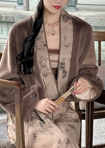 Coffee V Neck Print Patchwork Leather and Fur Coat Winter Ag1043