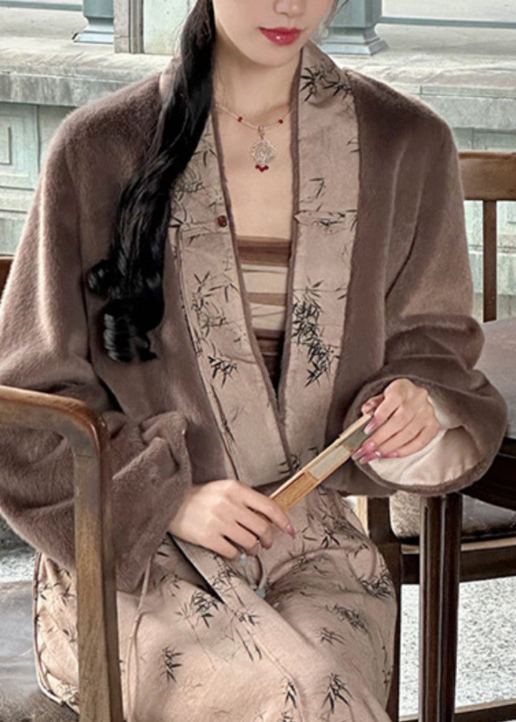 Coffee V Neck Print Patchwork Leather and Fur Coat Winter Ag1043