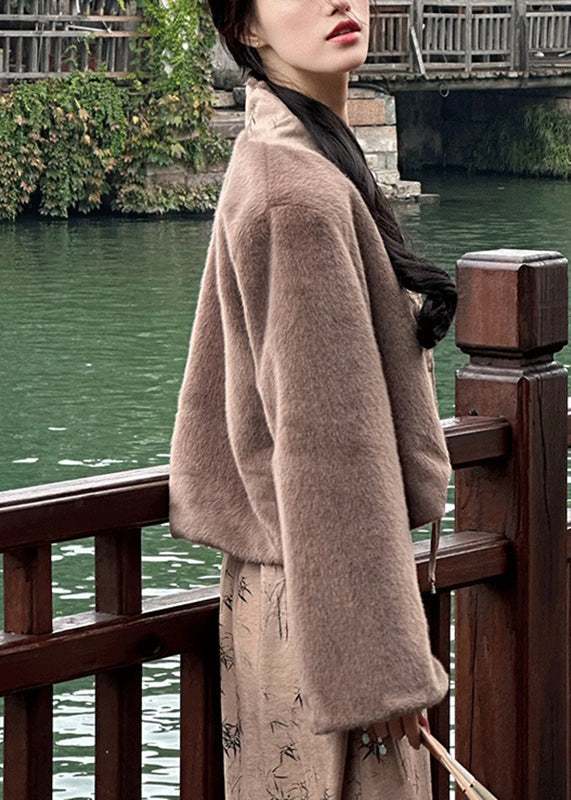 Coffee V Neck Print Patchwork Leather and Fur Coat Winter Ag1043