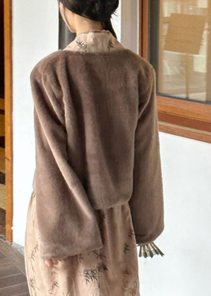 Coffee V Neck Print Patchwork Leather and Fur Coat Winter Ag1043
