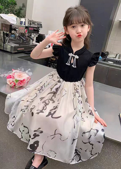 Colorblock Stand Collar Print Kids Maxi Dress Short Sleeve Mn005