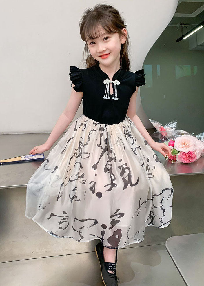 Colorblock Stand Collar Print Kids Maxi Dress Short Sleeve Mn005