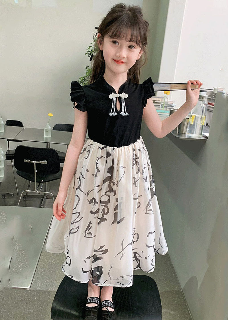 Colorblock Stand Collar Print Kids Maxi Dress Short Sleeve Mn005