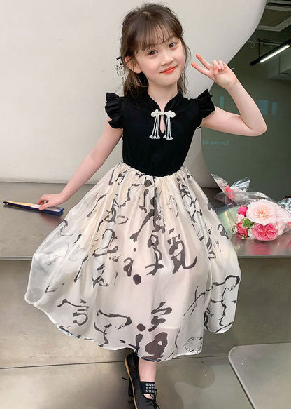 Colorblock Stand Collar Print Kids Maxi Dress Short Sleeve Mn005