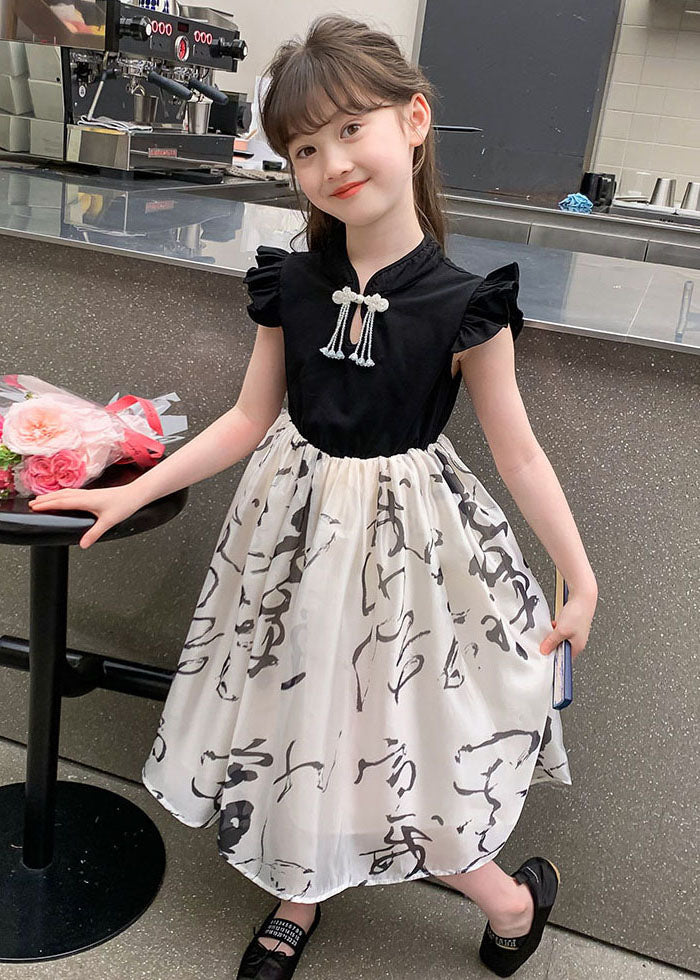 Colorblock Stand Collar Print Kids Maxi Dress Short Sleeve Mn005