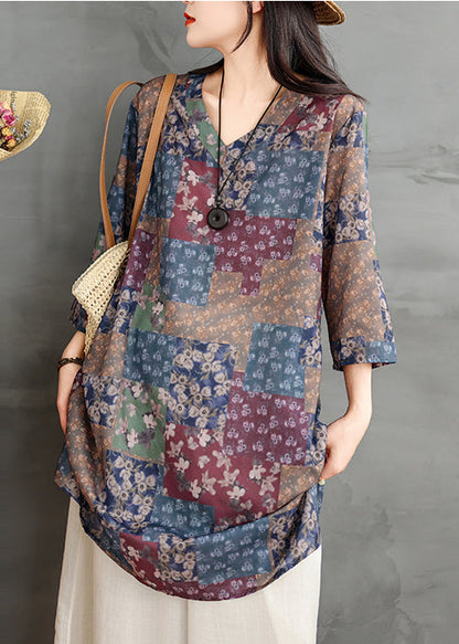 Colorblock V Neck Print Linen Mini Dress Summer Tm022