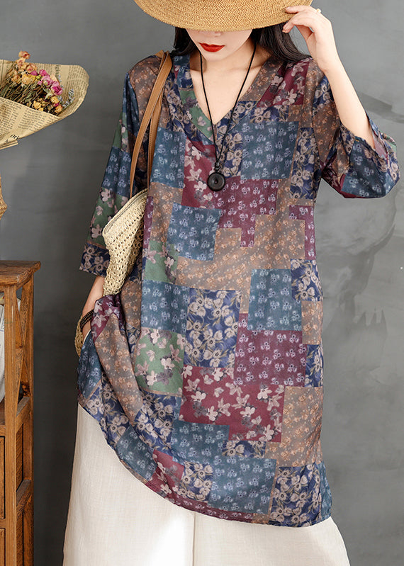 Colorblock V Neck Print Linen Mini Dress Summer Tm022