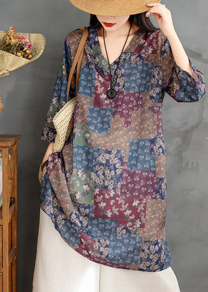 Colorblock V Neck Print Linen Mini Dress Summer Tm022