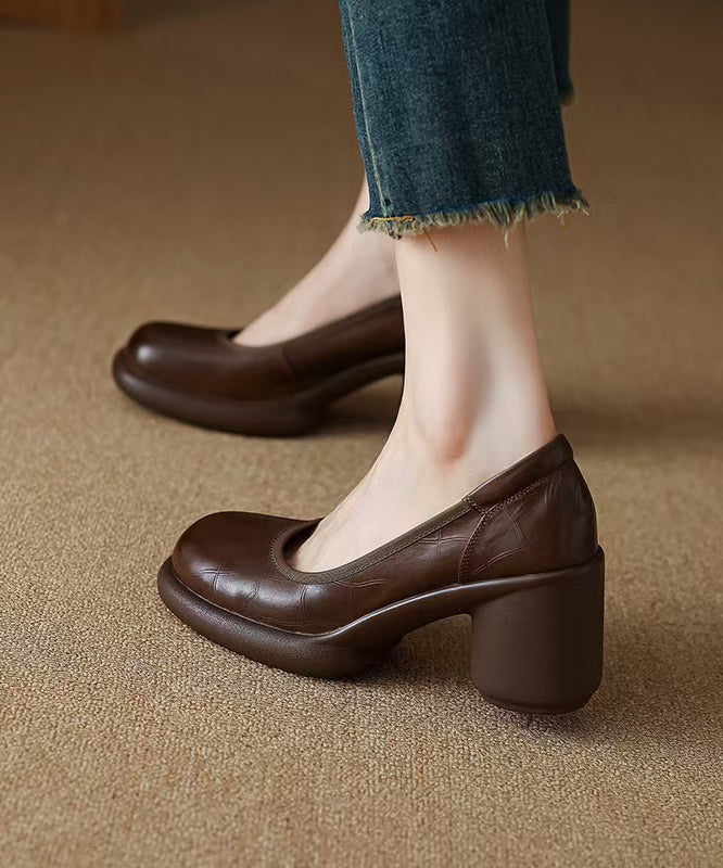 Comfy Brown Cowhide Leather Embossed Loafer Shoes Yc005