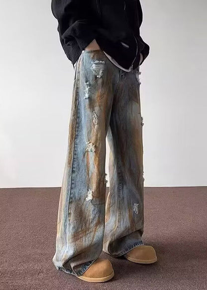 Denim Blue Patchwork Hole Pants Sa023