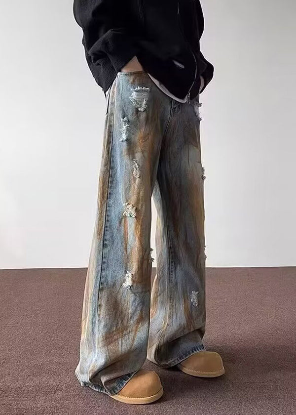 Denim Blue Patchwork Hole Pants Sa023