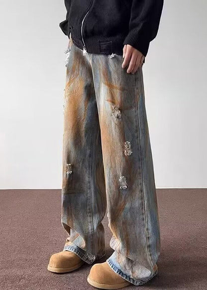 Denim Blue Patchwork Hole Pants Sa023