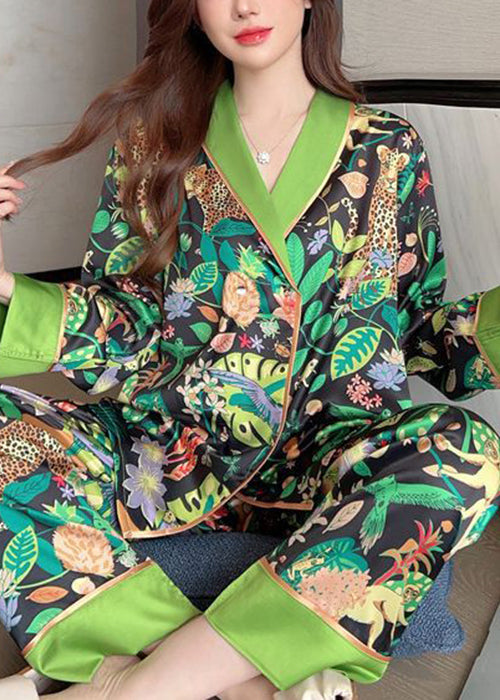Green Peter Pan Collar Print Ice Silk Pajamas Two-piece Set Spring Yk010
