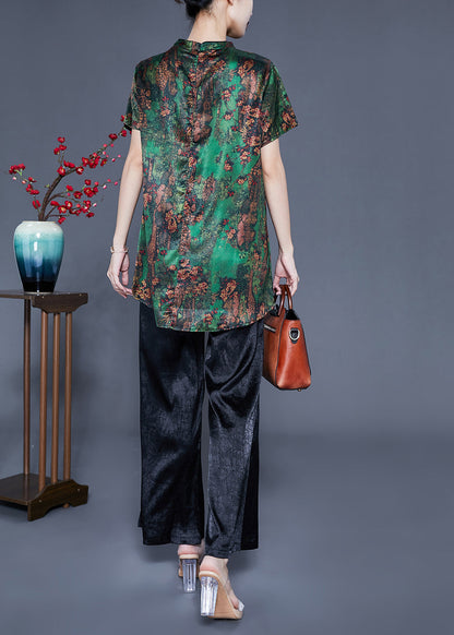 Green Print Asymmetrical Design Silk Oriental Two-piece Set Summer Ly942