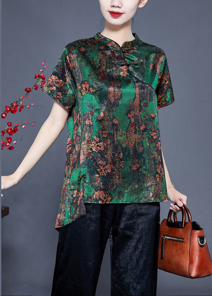 Green Print Asymmetrical Design Silk Oriental Two-piece Set Summer Ly942