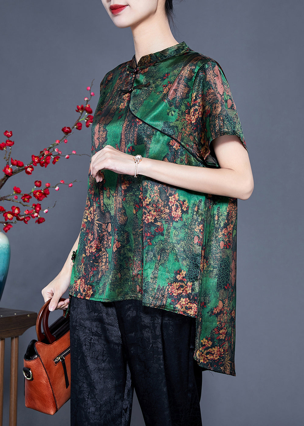 Green Print Asymmetrical Design Silk Oriental Two-piece Set Summer Ly942