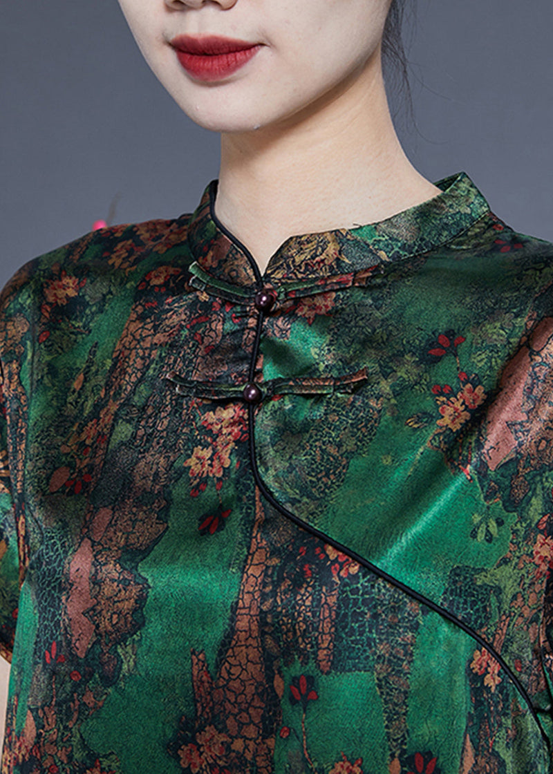 Green Print Asymmetrical Design Silk Oriental Two-piece Set Summer Ly942