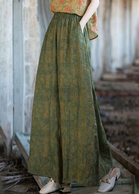 Green Print Pockets Linen Wide Leg Pants Summer Qe029