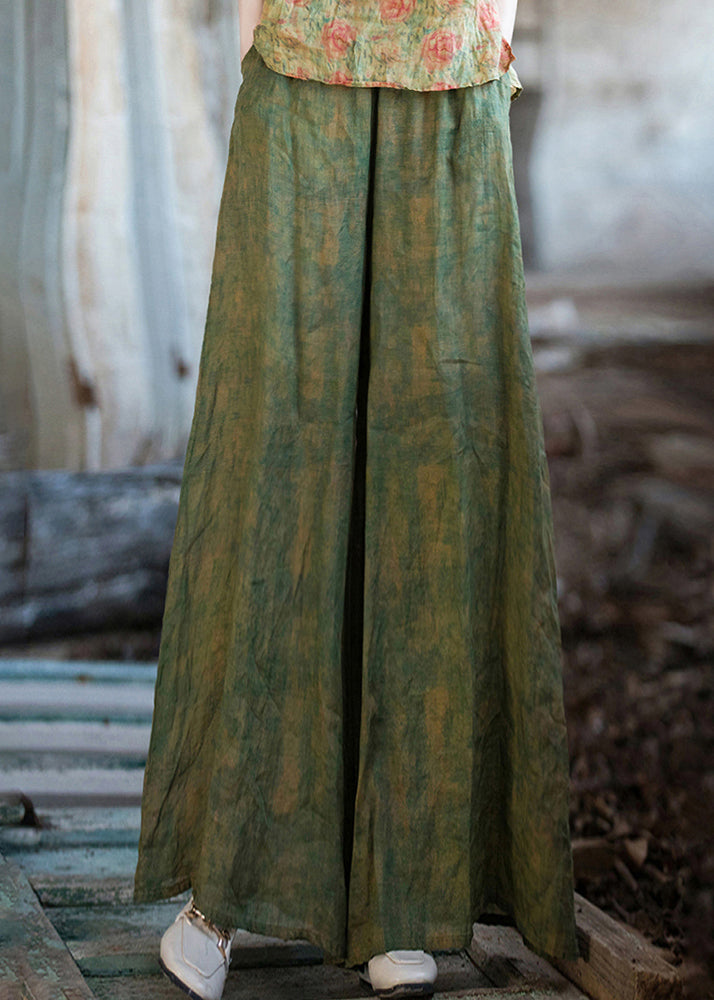 Green Print Pockets Linen Wide Leg Pants Summer Qe029
