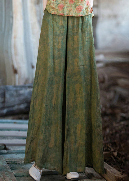 Green Print Pockets Linen Wide Leg Pants Summer Qe029
