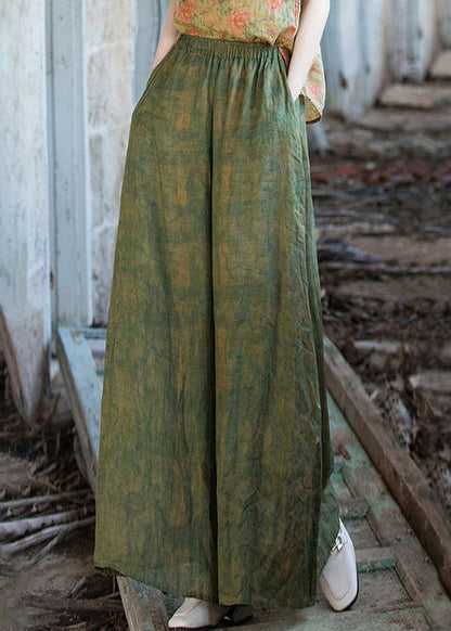 Green Print Pockets Linen Wide Leg Pants Summer Qe029