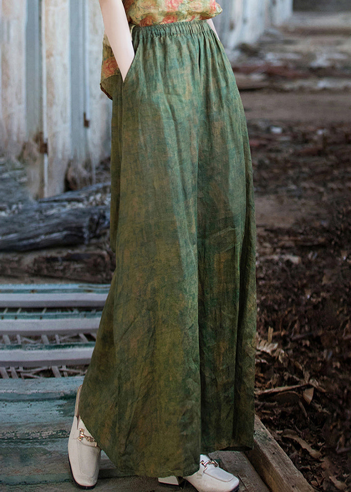 Green Print Pockets Linen Wide Leg Pants Summer Qe029
