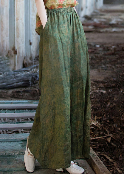 Green Print Pockets Linen Wide Leg Pants Summer Qe029