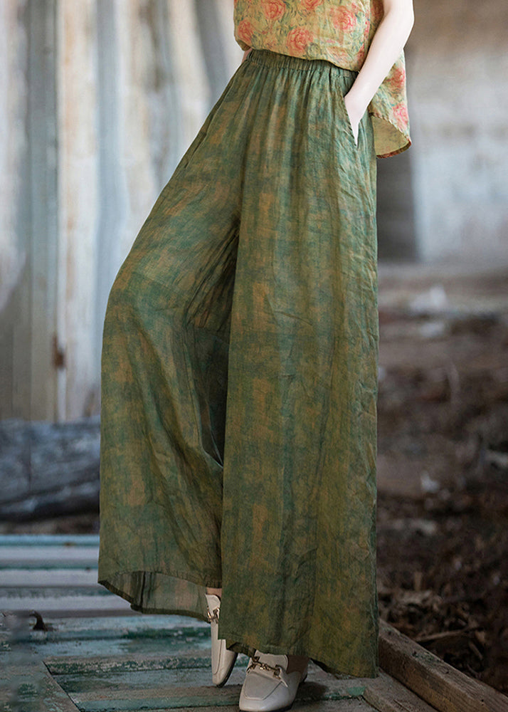 Green Print Pockets Linen Wide Leg Pants Summer Qe029