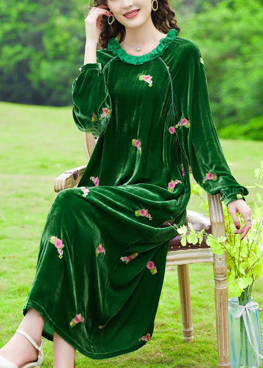Green Ruffled Embroideried Silk Velour Maxi Dresses Ac3004